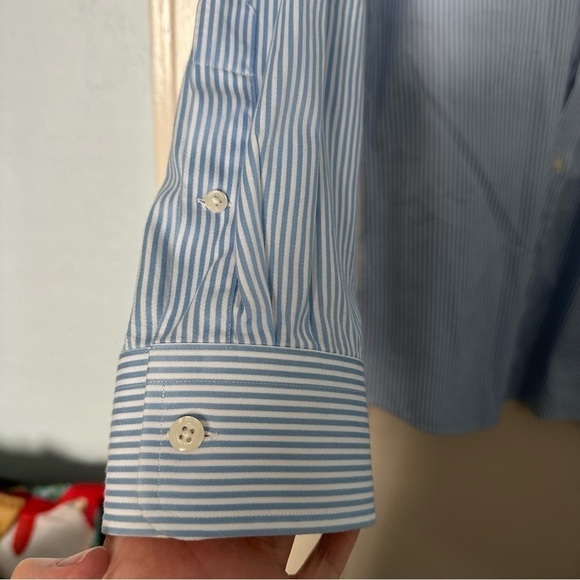 Paul Fedrick Shirt Trim Fit Blue & White Stripe Flip Cuff Button Up Sz 18 36 - Picture 4 of 6